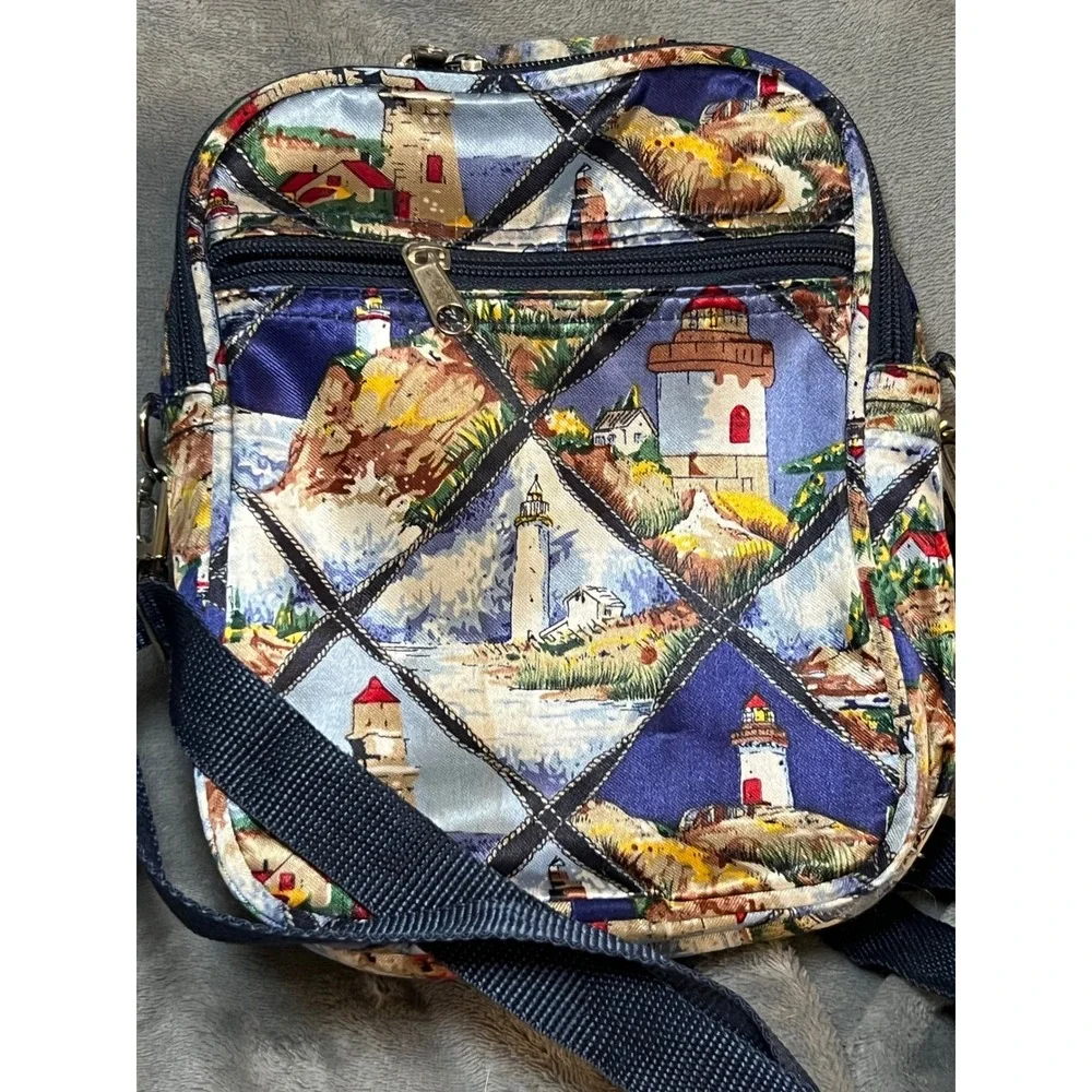 Quilted Lighthouse Crossbody Bag Coastal Nautical Organizer Purse Blue